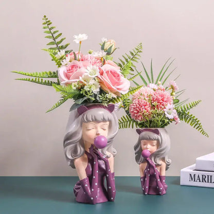 Pink and purple bubble gum girl flower vase living room resin decor