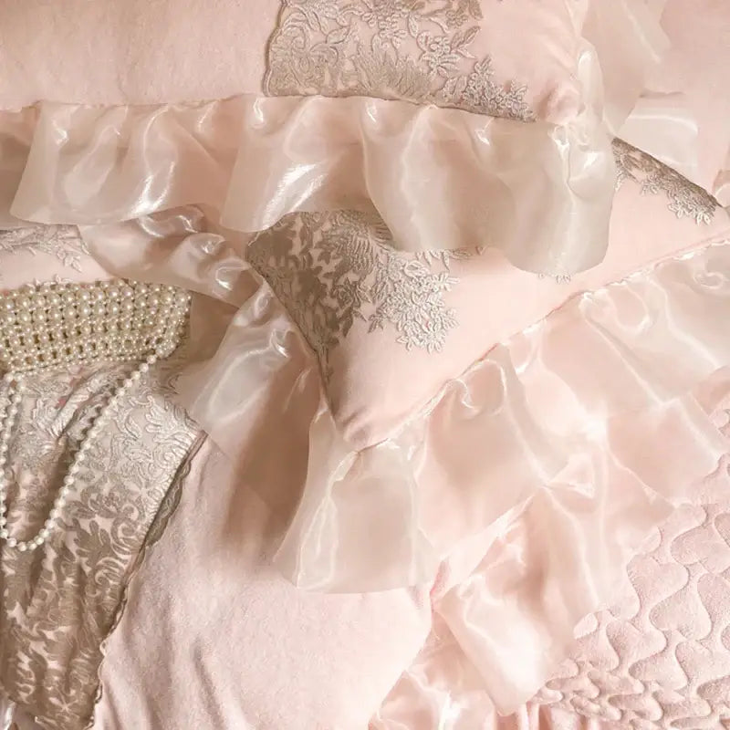 Pink and silver french lace ruffles bedding set for bedroom