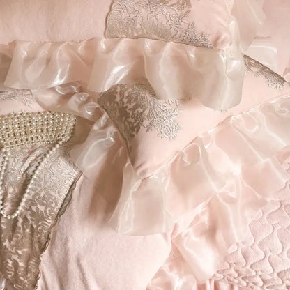 Pink and silver french lace ruffles bedding set for bedroom