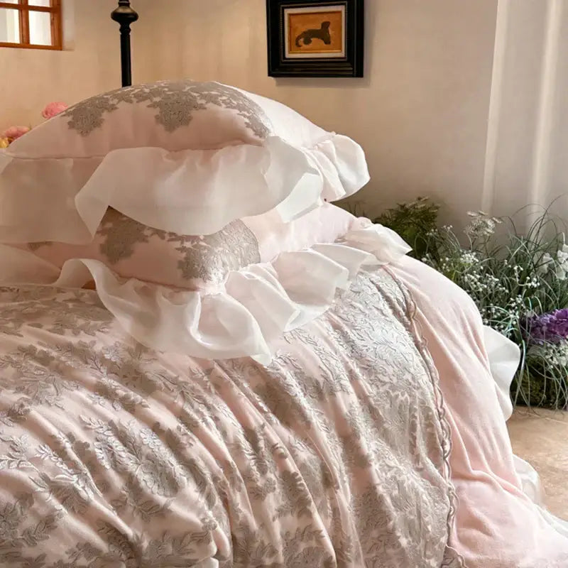 Pink and silver french lace ruffles bedding set for bedroom