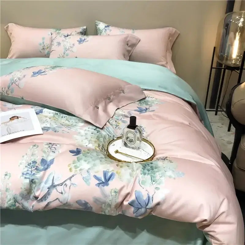 Pink and teal floral egyptian cotton bedding set bedroom duvet cover