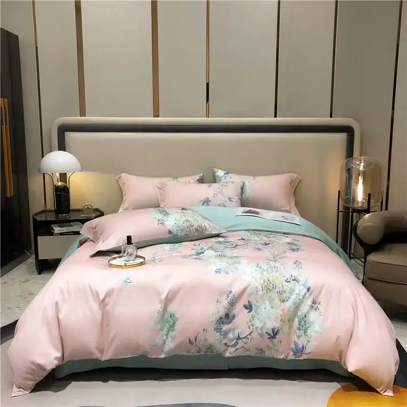 Pink and teal floral egyptian cotton bedding set bedroom duvet cover