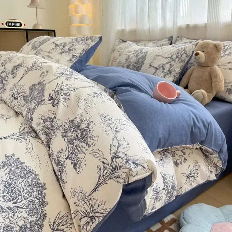 Pink and white cartoon printed cotton quilt cover bedroom bedding set
