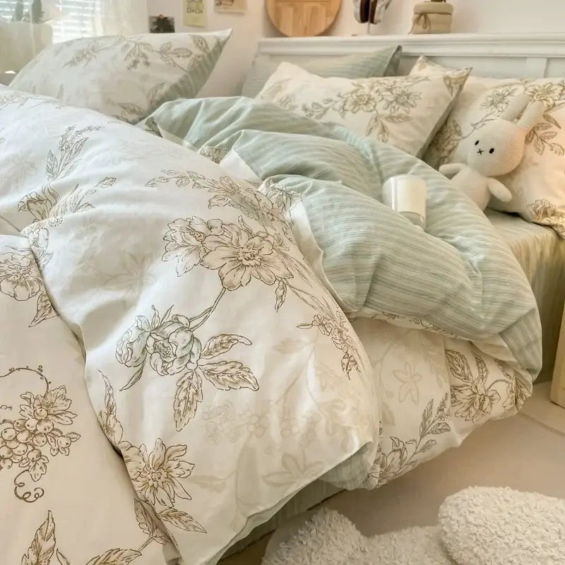 Pink and white cartoon printed cotton quilt cover bedroom bedding set
