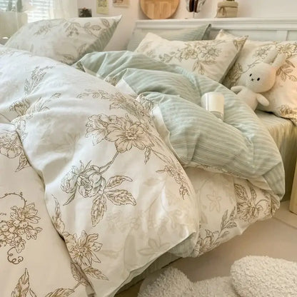Pink and white cartoon printed cotton quilt cover bedroom bedding set