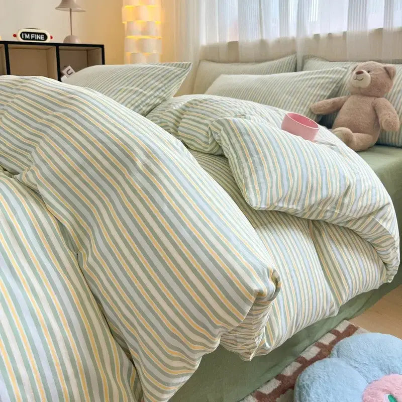 Pink and white cartoon printed cotton quilt cover bedroom bedding set