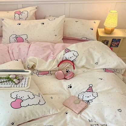 Pink and white cartoon printed cotton quilt cover bedroom bedding set
