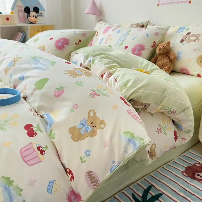 Pink and white cartoon printed cotton quilt cover bedroom bedding set