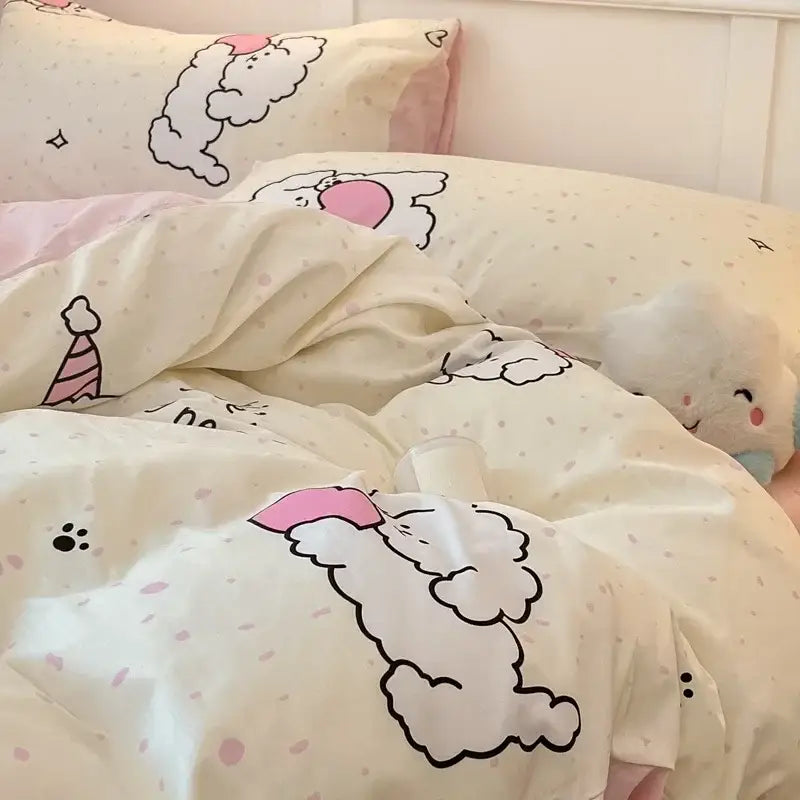 Pink and white cartoon printed cotton quilt cover bedroom bedding set