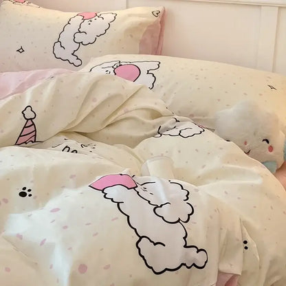 Pink and white cartoon printed cotton quilt cover bedroom bedding set
