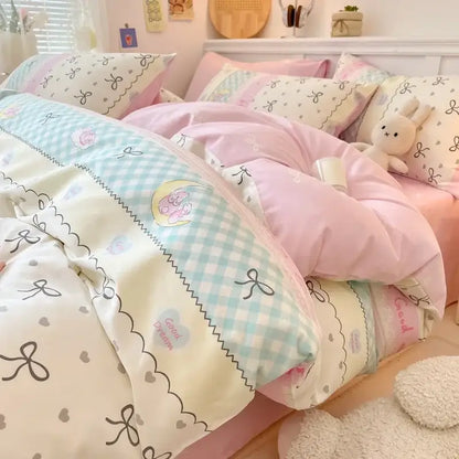 Pink and white cartoon printed cotton quilt cover bedroom bedding set
