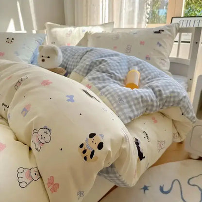 Pink and white cartoon printed cotton quilt cover bedroom bedding set