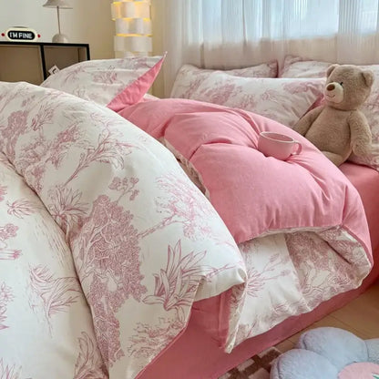 Pink and white cartoon printed cotton quilt cover bedroom bedding set