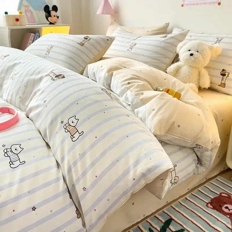 Pink and white cartoon printed cotton quilt cover bedroom bedding set
