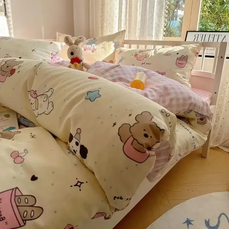 Pink and white cartoon printed cotton quilt cover bedroom bedding set