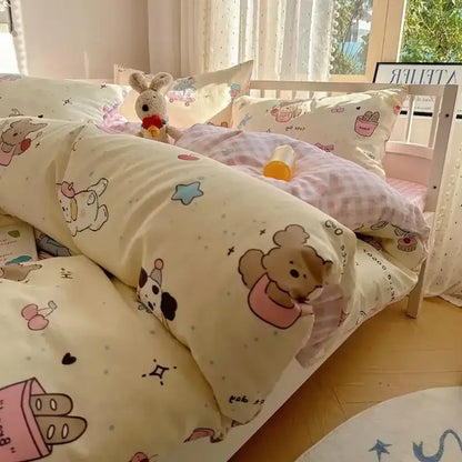 Pink and white cartoon printed cotton quilt cover bedroom bedding set