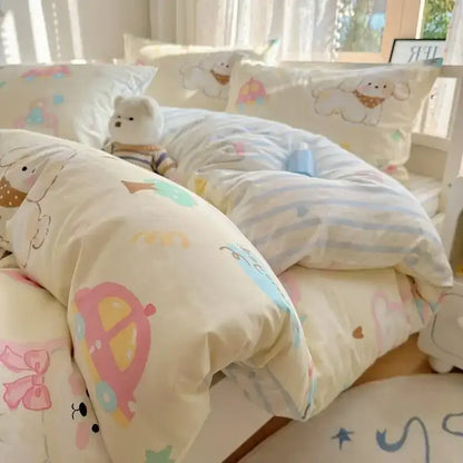 Pink and white cartoon printed cotton quilt cover bedroom bedding set
