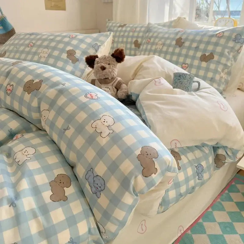 Pink and white cartoon printed cotton quilt cover bedroom bedding set