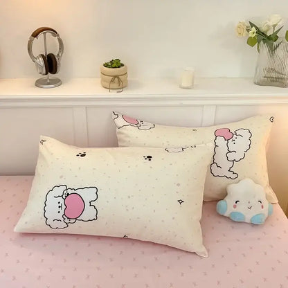 Pink and white cartoon printed cotton quilt cover bedroom bedding set
