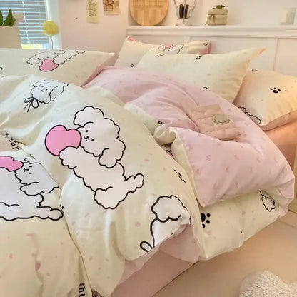 Pink and white cartoon printed cotton quilt cover bedroom bedding set