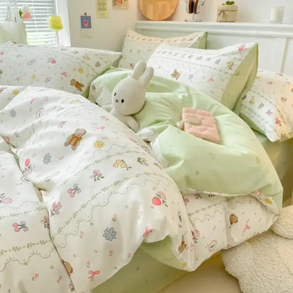 Pink and white cartoon printed cotton quilt cover bedroom bedding set