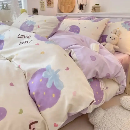 Pink and white cartoon printed cotton quilt cover bedroom bedding set