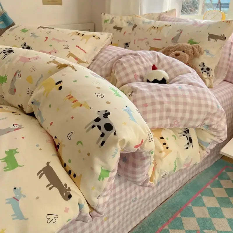 Pink and white cartoon printed cotton quilt cover bedroom bedding set