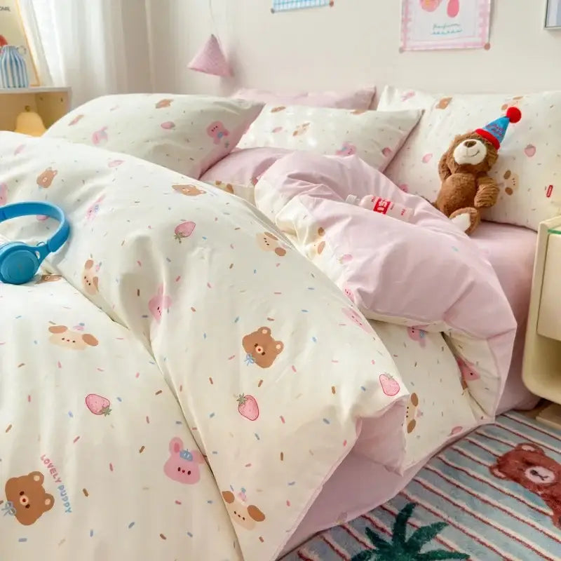 Pink and white cartoon printed cotton quilt cover bedroom bedding set