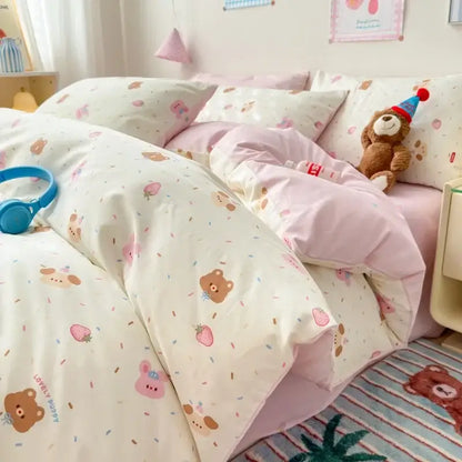 Pink and white cartoon printed cotton quilt cover bedroom bedding set