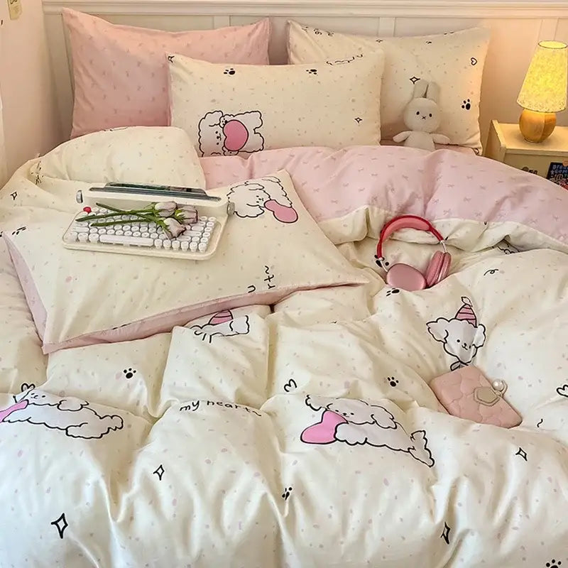 Pink and white cartoon printed cotton quilt cover bedroom bedding set