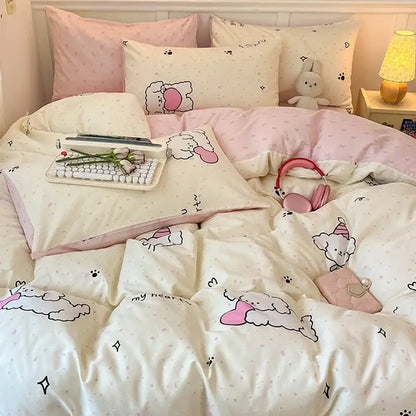 Pink and white cartoon printed cotton quilt cover bedroom bedding set