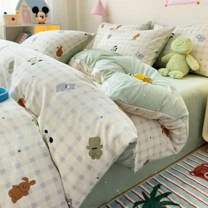 Pink and white cartoon printed cotton quilt cover bedroom bedding set
