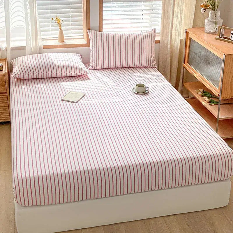 Pink and white cotton stripe fitted sheet bedroom mattress cover