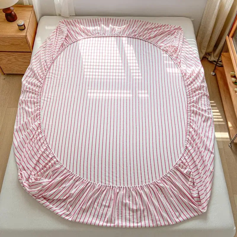 Pink and white cotton stripe fitted sheet bedroom mattress cover