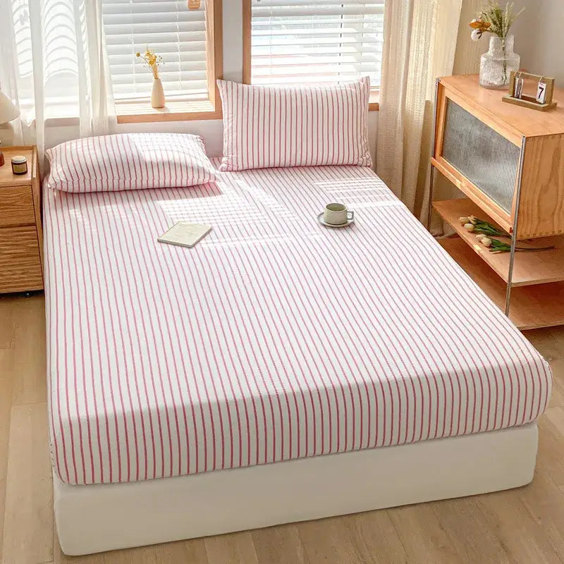 Pink and white cotton stripe fitted sheet bedroom mattress cover