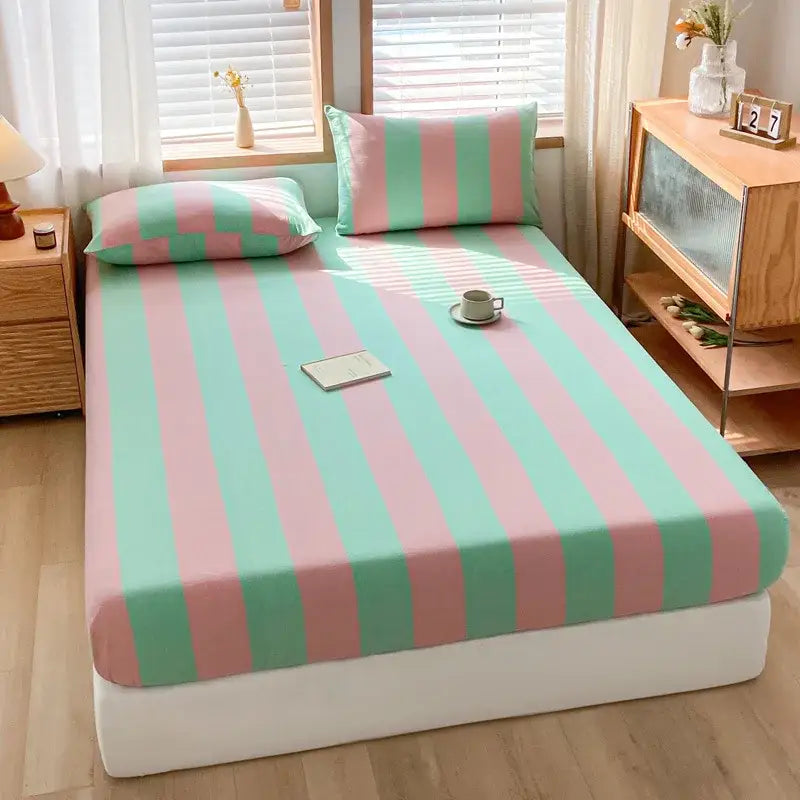 Pink and white cotton stripe fitted sheet bedroom mattress cover