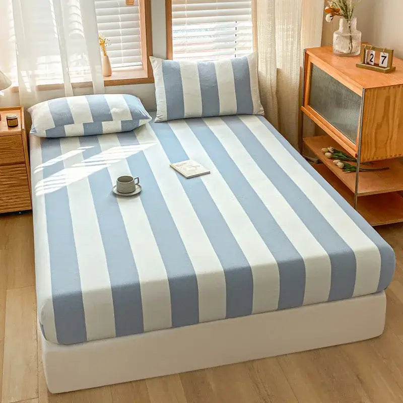 Pink and white cotton stripe fitted sheet bedroom mattress cover