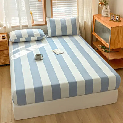 Pink and white cotton stripe fitted sheet bedroom mattress cover