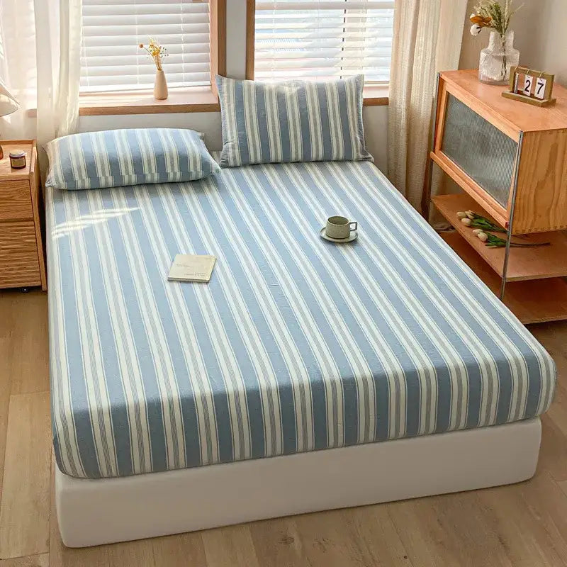 Pink and white cotton stripe fitted sheet bedroom mattress cover