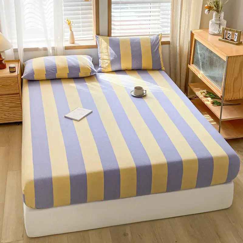 Pink and white cotton stripe fitted sheet bedroom mattress cover