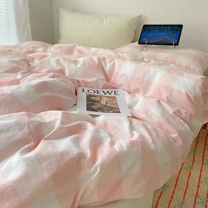 Pink and white gingham cozy cotton grid bedding sets bedroom