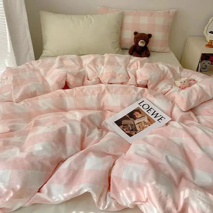 Pink and white gingham cozy cotton grid bedding sets bedroom