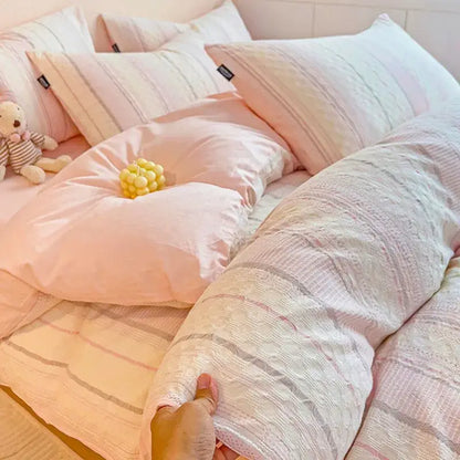 Pink and white striped cotton jacquard bedding set bedroom decor