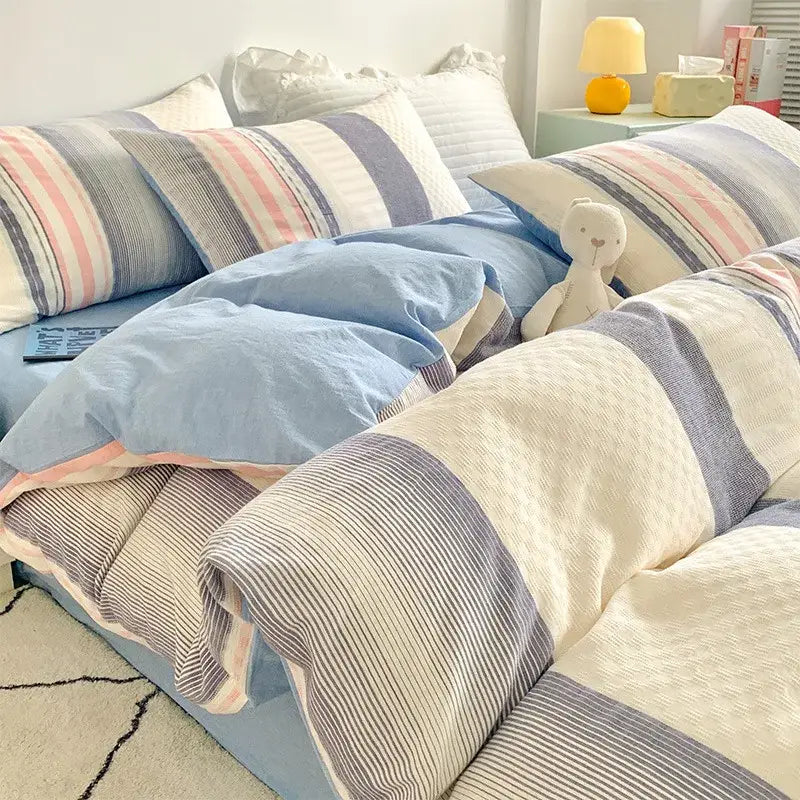 Pink and white striped cotton jacquard bedding set bedroom decor