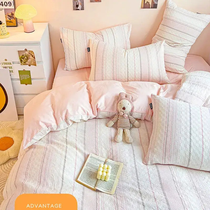 Pink and white striped cotton jacquard bedding set bedroom decor