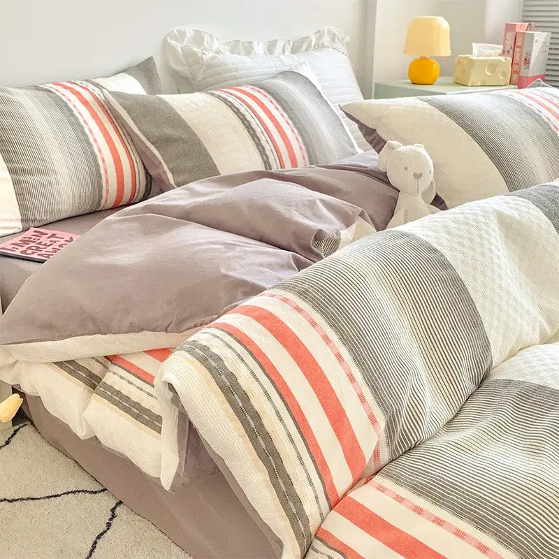 Pink and white striped cotton jacquard bedding set bedroom decor