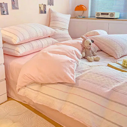 Pink and white striped cotton jacquard bedding set bedroom decor