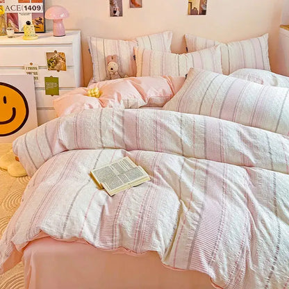 Pink and white striped cotton jacquard bedding set bedroom decor