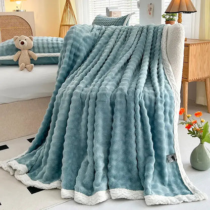 Pink and white textured cozy faux rabbit fur throw blanket bedroom