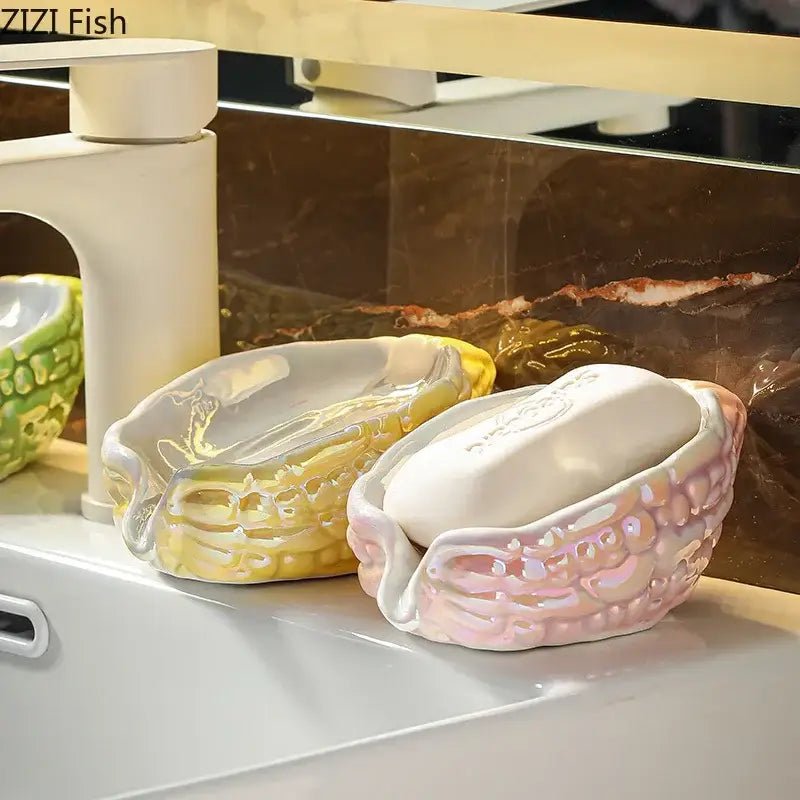 Pink and yellow bitter gourd ceramic soap dish bathroom drainage rack